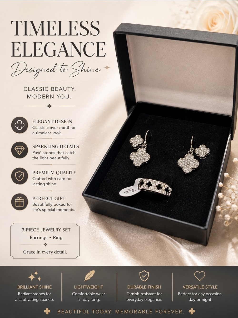 Size 9- Silver Finish Clover Jewelry Set - 3-Piece Earrings & Ring